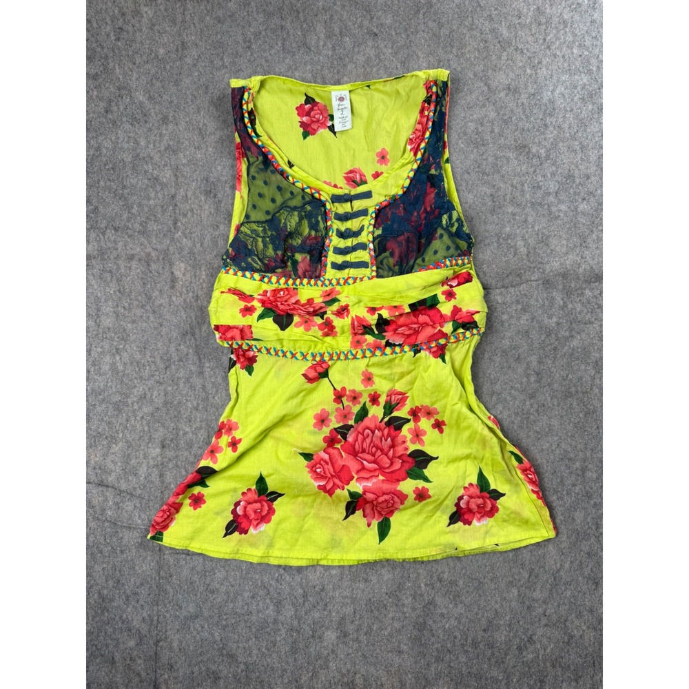 Free People Tank Top Womens 2 Lime Green Cotton Floral Lace Boho Festival Y2K